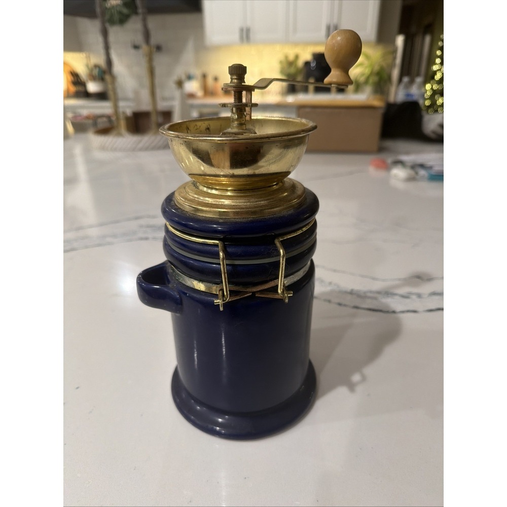 Vintage Coffee Grinder and Ceramic Canister Cobalt Blue